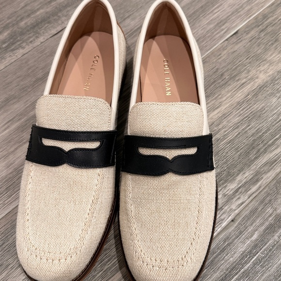 Cole Haan Shoes - Cole Haan Lux Pinch Penny Loafers Beige and Black Linen Sz 8.5